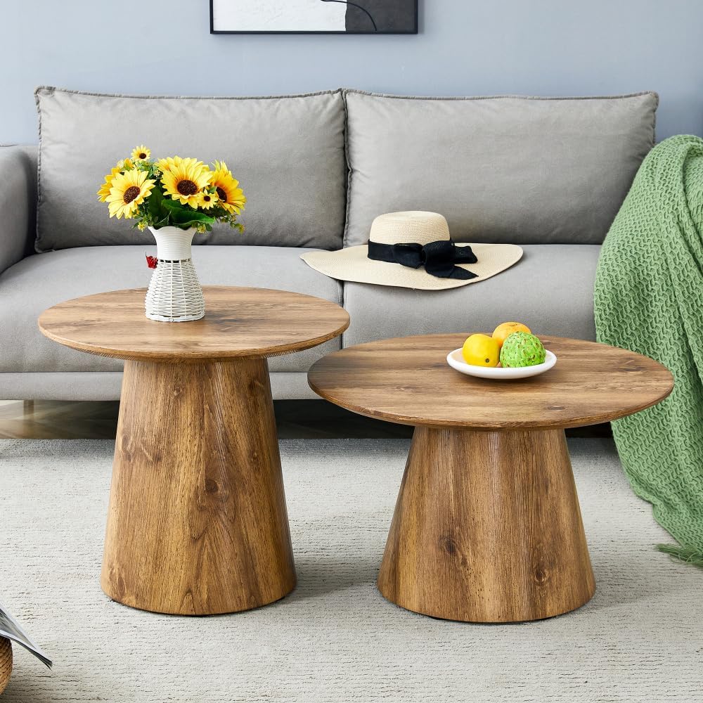 Nesting Coffee Table Set, Round Wood Grain Veneer, Mid-Century Modern | Classic Round Coffee and Side Table Set with Simple Wood-Grain Design for Living Rooms, Offices, and Center Spaces.