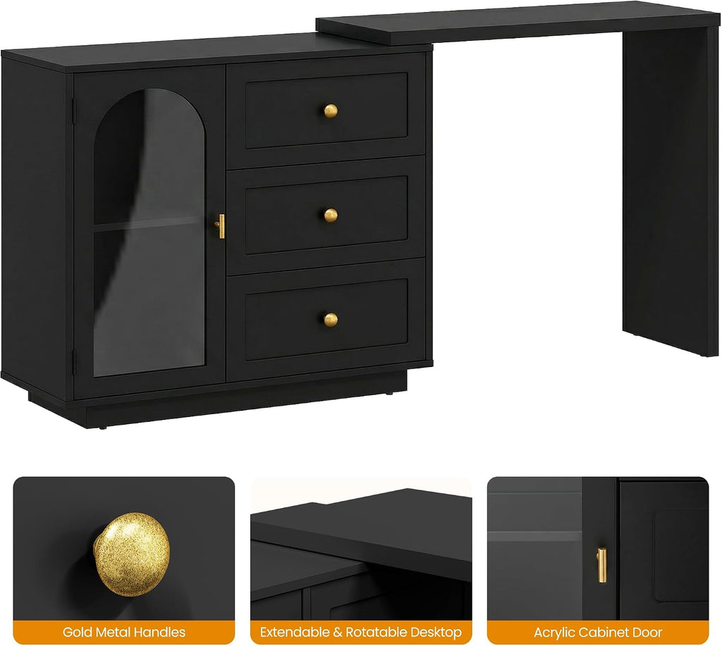RoyalCraft 59" Makeup Vanity Desk, Black Vanity Dresser for Girls and Women | Modern Dressing Table with 3 Drawers & 1 Door, Vanity for Bedroom, L Sharped Corner Table No Mirror