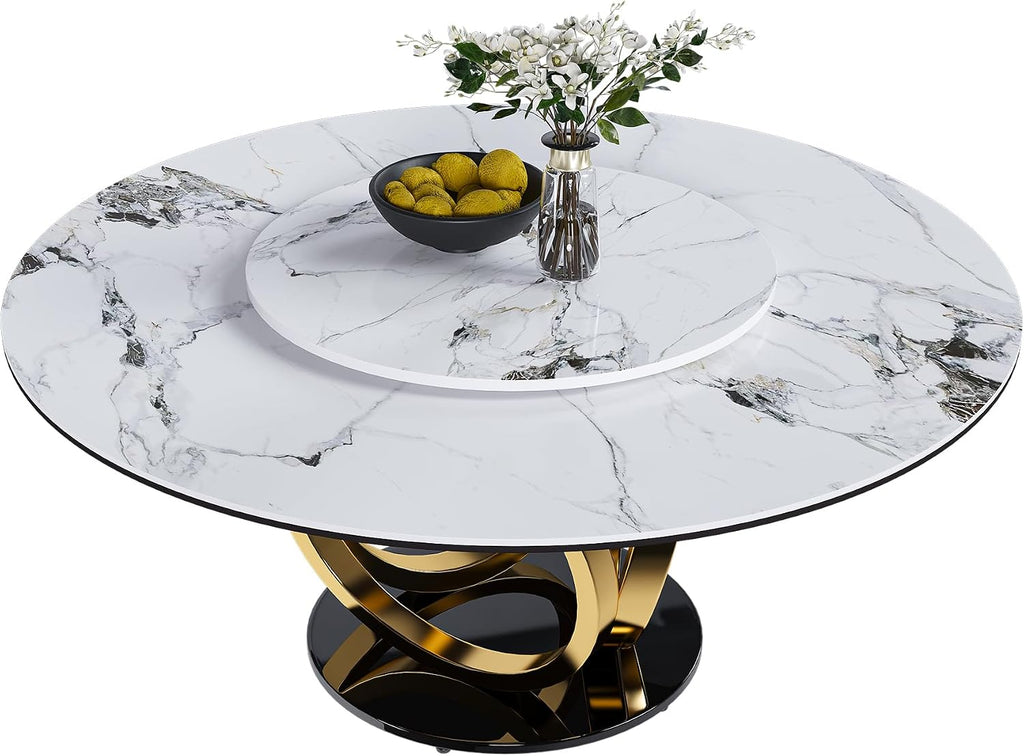 Montary 59” Modern Round Dining Table for 6-8 Seat, Artificial Marble Dining Room Table with Lazy Susan, 3 Gold Circles Stainless Steel Base, Sintered Stone Top Dining Table (Only Table)