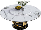 Montary 59” Modern Round Dining Table for 6-8 Seat, Artificial Marble Dining Room Table with Lazy Susan, 3 Gold Circles Stainless Steel Base, Sintered Stone Top Dining Table (Only Table)