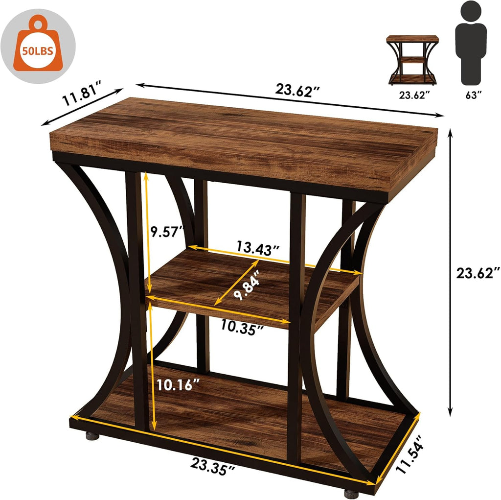 3 Tier End Table with Storage, Narrow End Table for Living Room and Bedroom, Small Space Wood and Metal Side Table, Rustic Brown