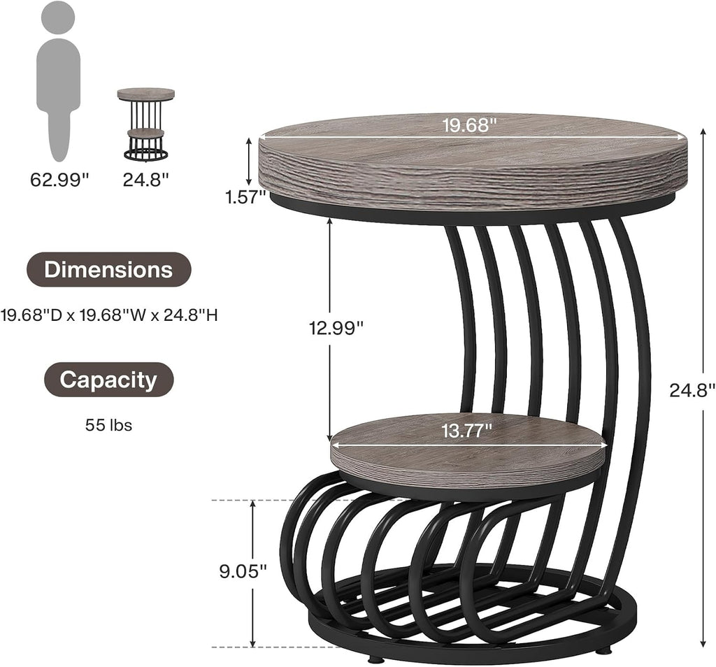 Tribesigns Round End Table, 2-Tier Farmhose Wood Side Table with Shelf Storage, Small Sofa Side Bedside Nightstand, Arc-Shaped Frame Accent Furniture for Living Room, Grey
