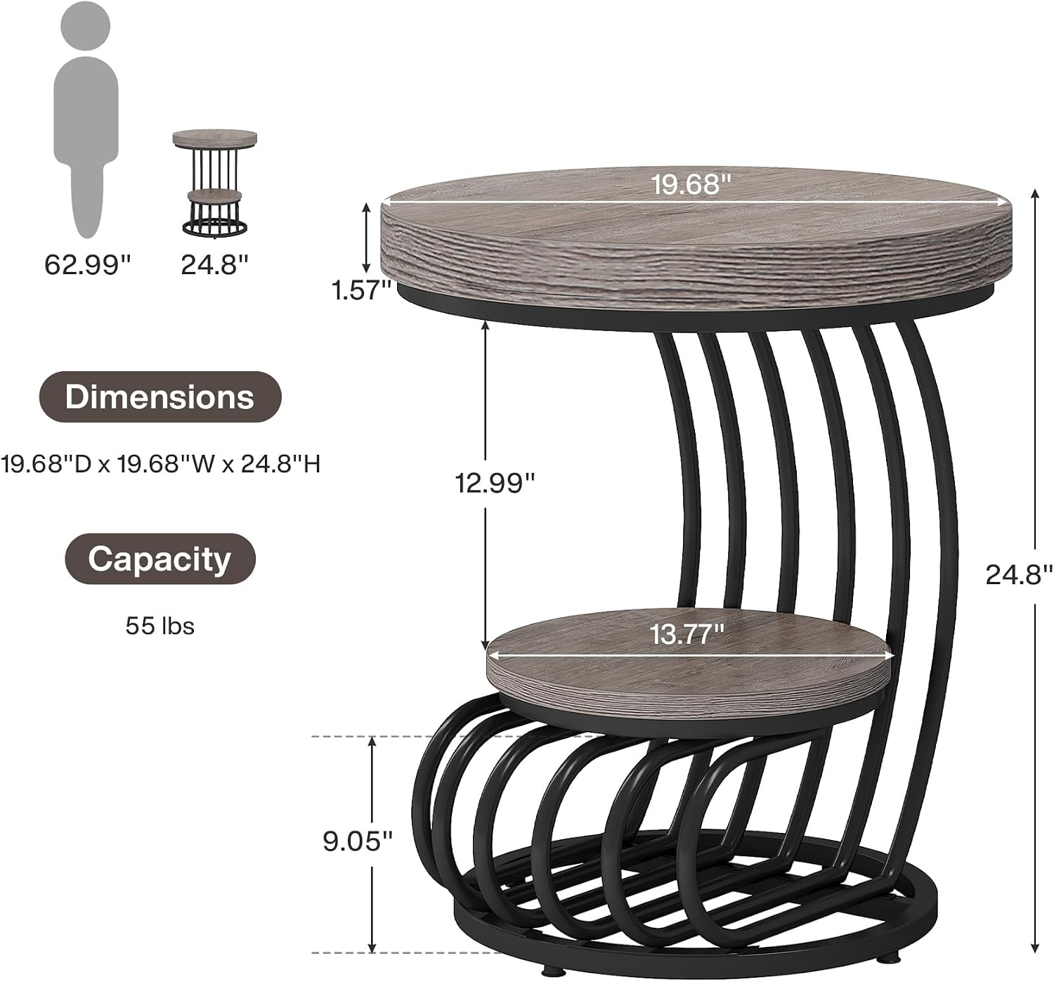 Tribesigns Round End Table, 2-Tier Farmhose Wood Side Table with Shelf Storage, Small Sofa Side Bedside Nightstand, Arc-Shaped Frame Accent Furniture for Living Room, Grey