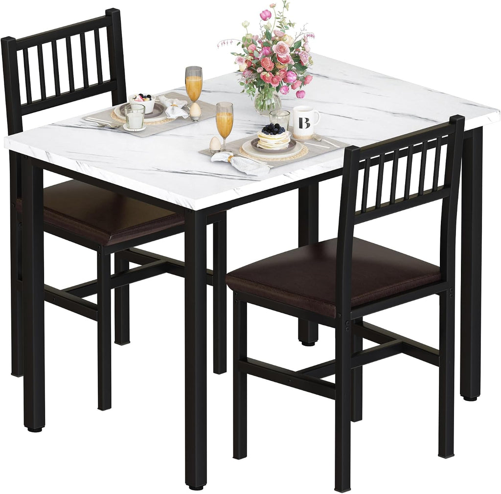 AWQM 3 Piece Dining Table, Small Kitchen Table Set for 2 with Chairs(White) | Wood Breakfast Nook Table and Upholstered Chairs Set of 2,Dinette Set for Small Space,Dining Room,Office, Apartment.