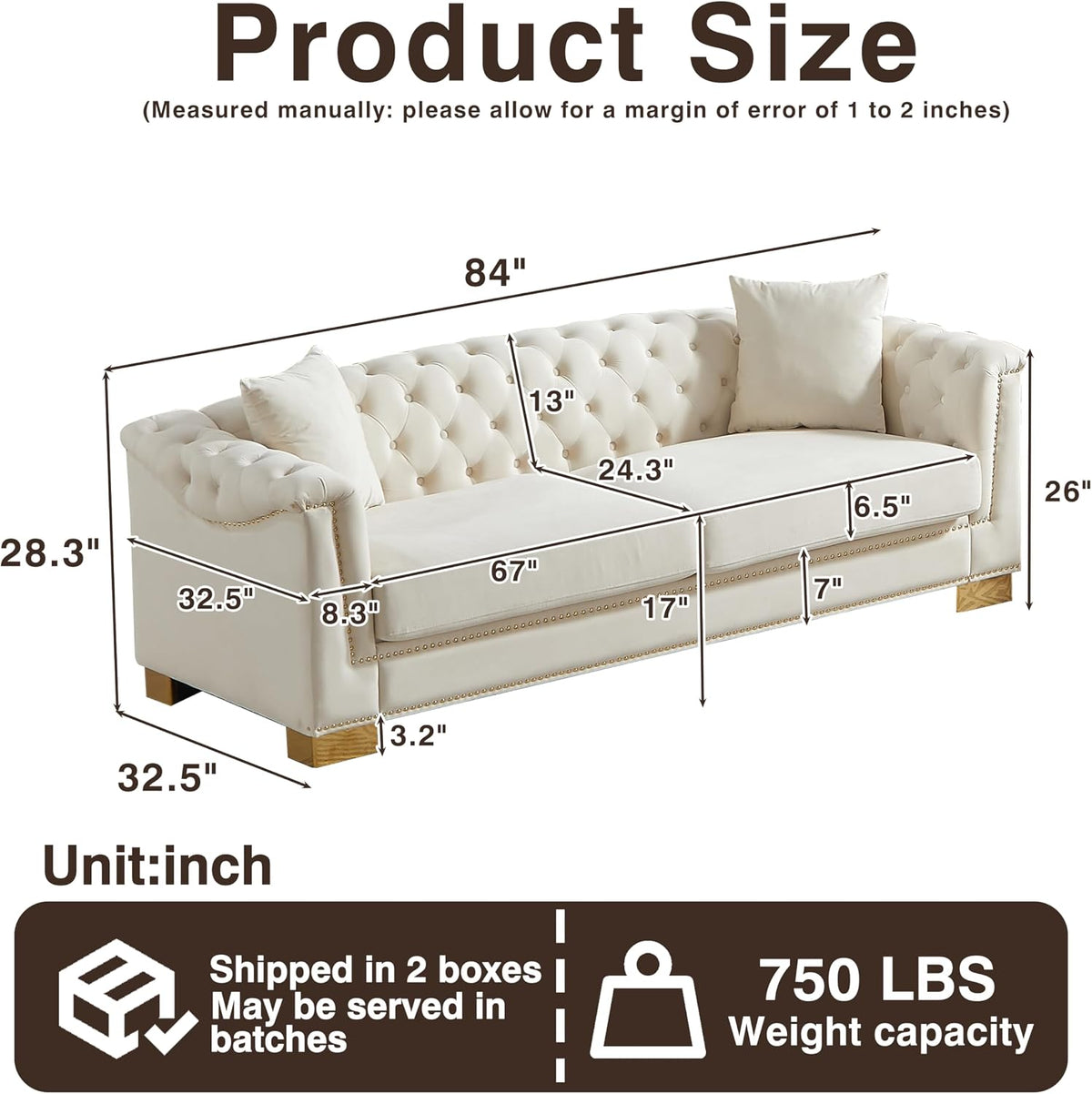 Harper & Bright Designs 84" Classic Modern Chesterfield Sofa - Velvet 3-Seater Couch with Rolled Arms, Tufted Back & Studs for Living Room - Beige
