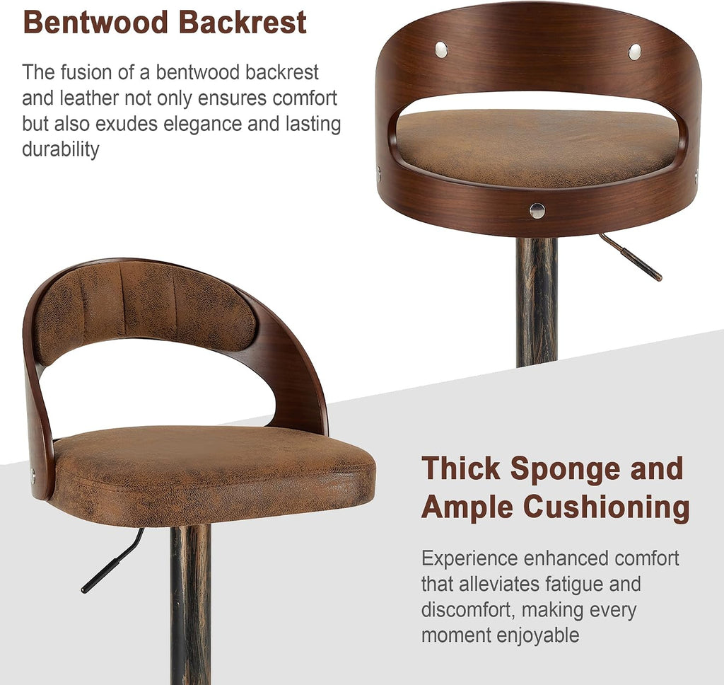 VECELO Bar Stool Set of 2,Kitchen Island Stools with Bentwood Back,Arm&Footrest,360°Swivel Counter Height Stools,PU Leather Cushion Seat Adjustable Height for Club Pub&Kitchen,Dark Brown