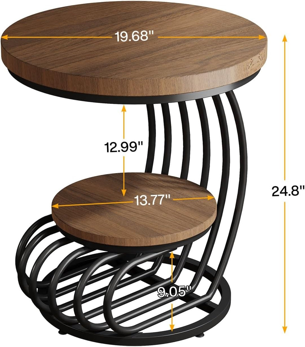 LITTLE TREE Round Side Table, Wood End Table with 2-Tier Storage Shelf, Accent Coffee Table, Curved Metal Frame End Table for Small Spaces, Living Room, Bedroom, Light Brown + Black