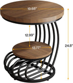 LITTLE TREE Round Side Table, Wood End Table with 2-Tier Storage Shelf, Accent Coffee Table, Curved Metal Frame End Table for Small Spaces, Living Room, Bedroom, Light Brown + Black