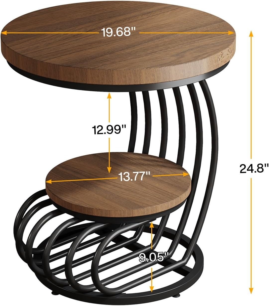 LITTLE TREE Round Side Table, Wood End Table with 2-Tier Storage Shelf, Accent Coffee Table, Curved Metal Frame End Table for Small Spaces, Living Room, Bedroom, Light Brown + Black