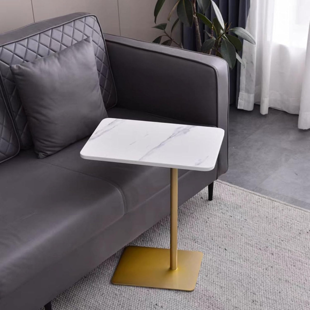 Drsyffsup Outdoor Coffee Table Side End Table with Marble Effect Top and Gold Metal Base C Shaped Modern Sofa End Table Work Desk for Couch Living Room Bedroom (Size : 48x33x65cm)