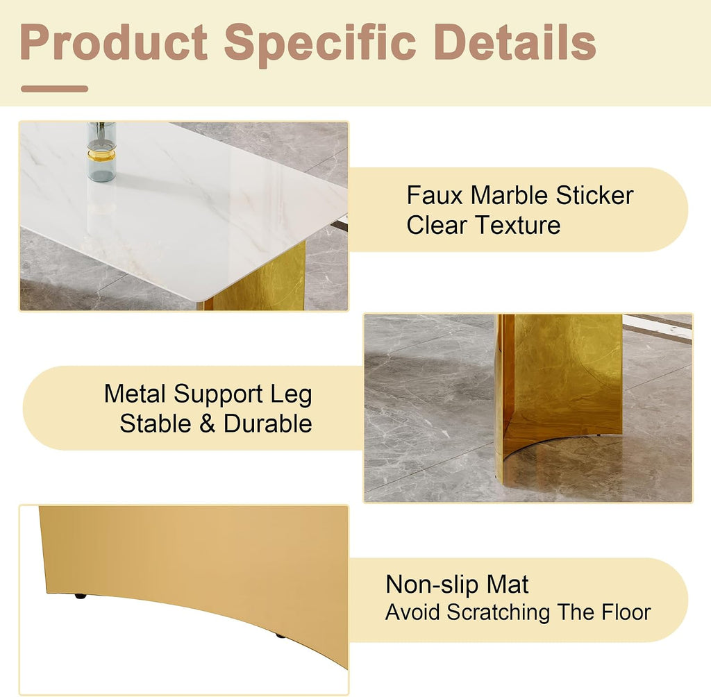 71" Dining Table Set for 6, White Faux Marble Dining Room Table Set for 6 with PU Leather Chairs and Gold Metal Legs, Easy Clean Kitchen Dining Set