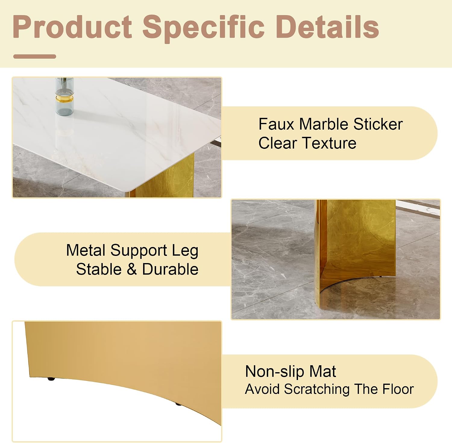 71" Dining Table Set for 6, White Faux Marble Dining Room Table Set for 6 with PU Leather Chairs and Gold Metal Legs, Easy Clean Kitchen Dining Set
