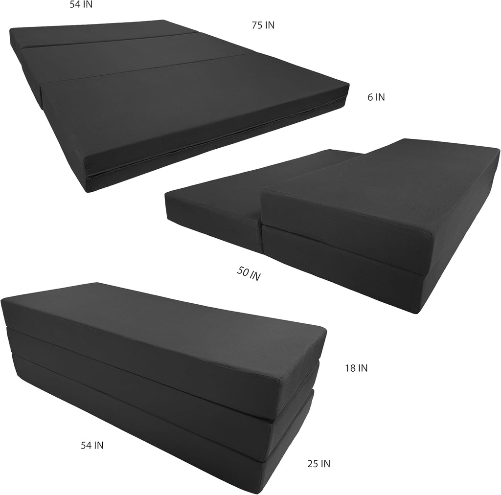 D&D Futon Furniture Black Trifold Foam Beds, Shikibuton, Tatami Cushion Topper, Foldable Futon Pad, Twin Full 6x54x75