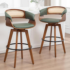 Rattan Swivel Counter Stools, Mid Century Modern Counter Stools with Back | Natural Bentwood Frame, Walnut Crafts, Curved Arms, Faux Leather Upholstered Seat, Swivel Counter Stools for Island, Kitchen