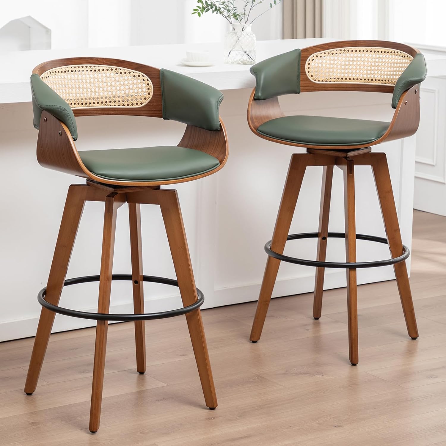 Rattan Swivel Counter Stools, Mid Century Modern Counter Stools with Back | Natural Bentwood Frame, Walnut Crafts, Curved Arms, Faux Leather Upholstered Seat, Swivel Counter Stools for Island, Kitchen