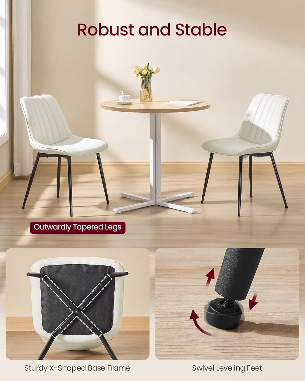 VASAGLE Dining Chairs Set of 4, Upholstered Kitchen Chairs, Synthetic Leather, Max. Load 264 lb, Steel Legs, Curved Backrest, for Dining Room, Cloud White and Ink Black ULDC090WH02-2J