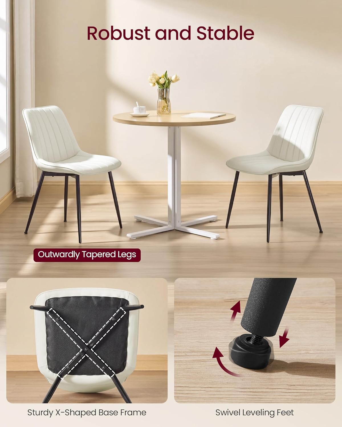 VASAGLE Dining Chairs Set of 4, Upholstered Kitchen Chairs, Synthetic Leather, Max. Load 264 lb, Steel Legs, Curved Backrest, for Dining Room, Cloud White and Ink Black ULDC090WH02-2J