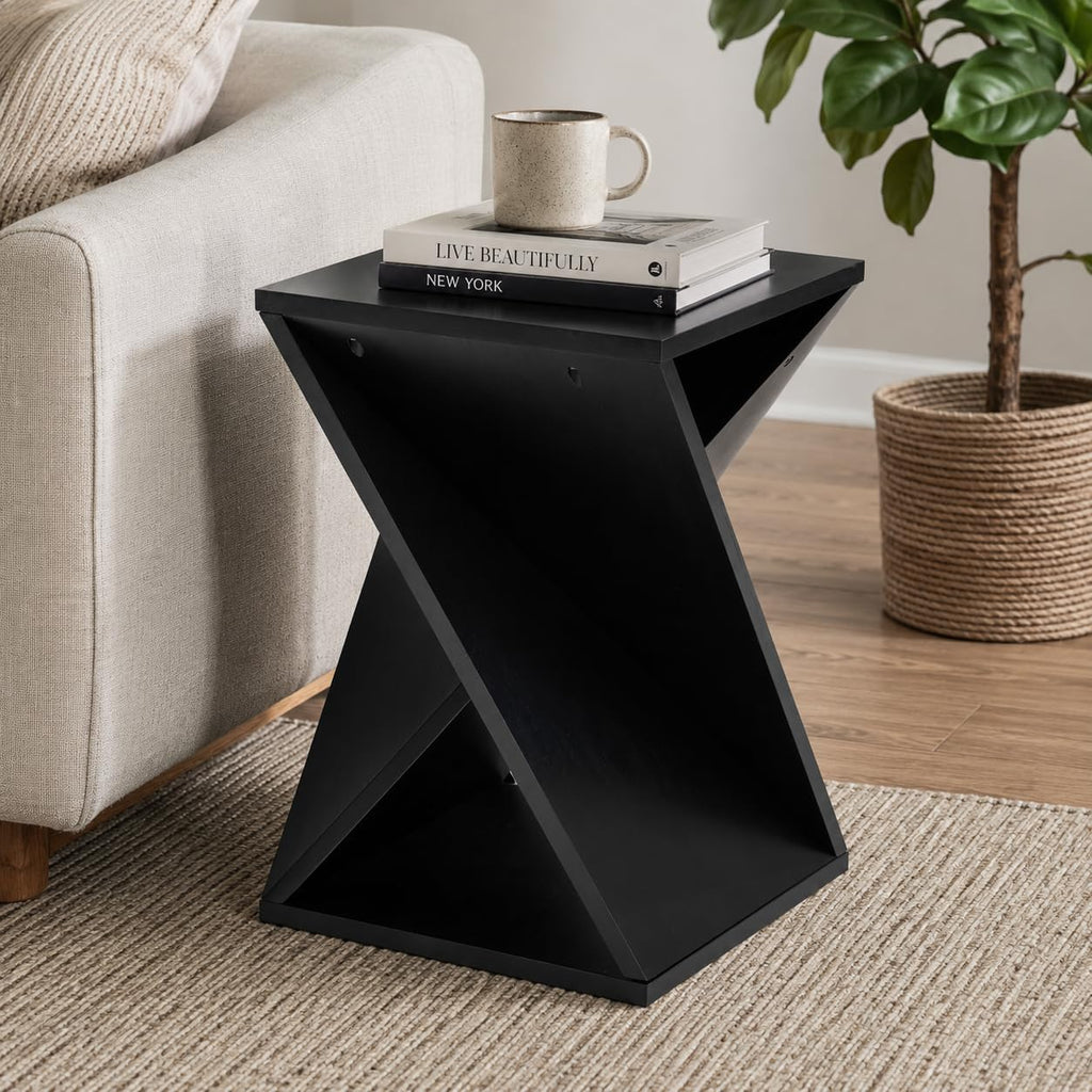 COZAYH Farmhouse End Table Square Solid Wood Pedestal Side Table Rustic Plant Stand with Twisted Design for Living Room, Bedroom, Office, Black