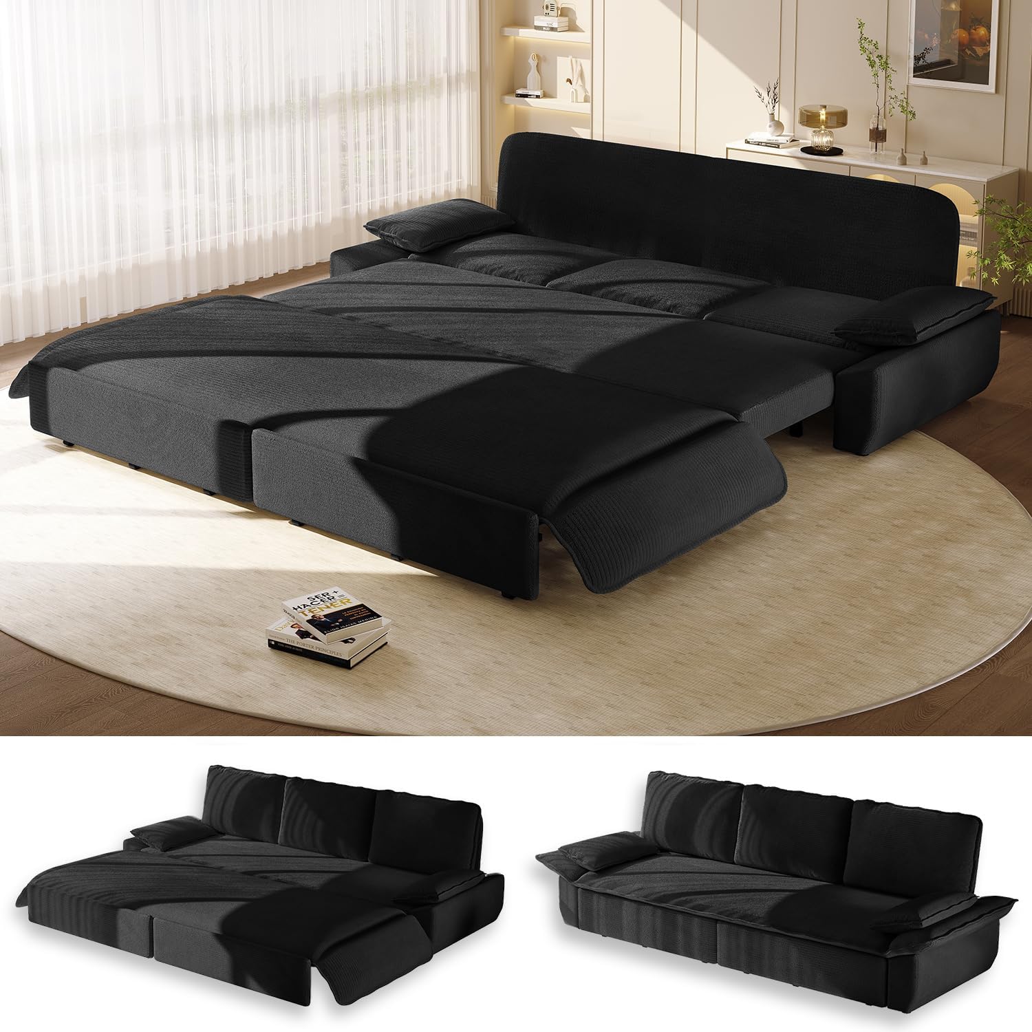 94.5" Pull Out Couch King Size, Futon Sofa Bed, 3-in-1 Convertible Sleeper Sofa Bed with Cushion Armrest, Modern Corduroy Loveseat Couches for Living Room, Small Space, Apartment, Black
