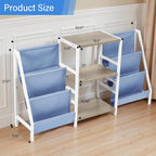 FurnitureR 3-Tier End Table with Record Player Stand and Vinyl Storage, Multi-Purpose Side Table Bookcase and Magazine Rack with Dual-Sided Fabric Pockets, Display Shelf Organizer, Blue/White