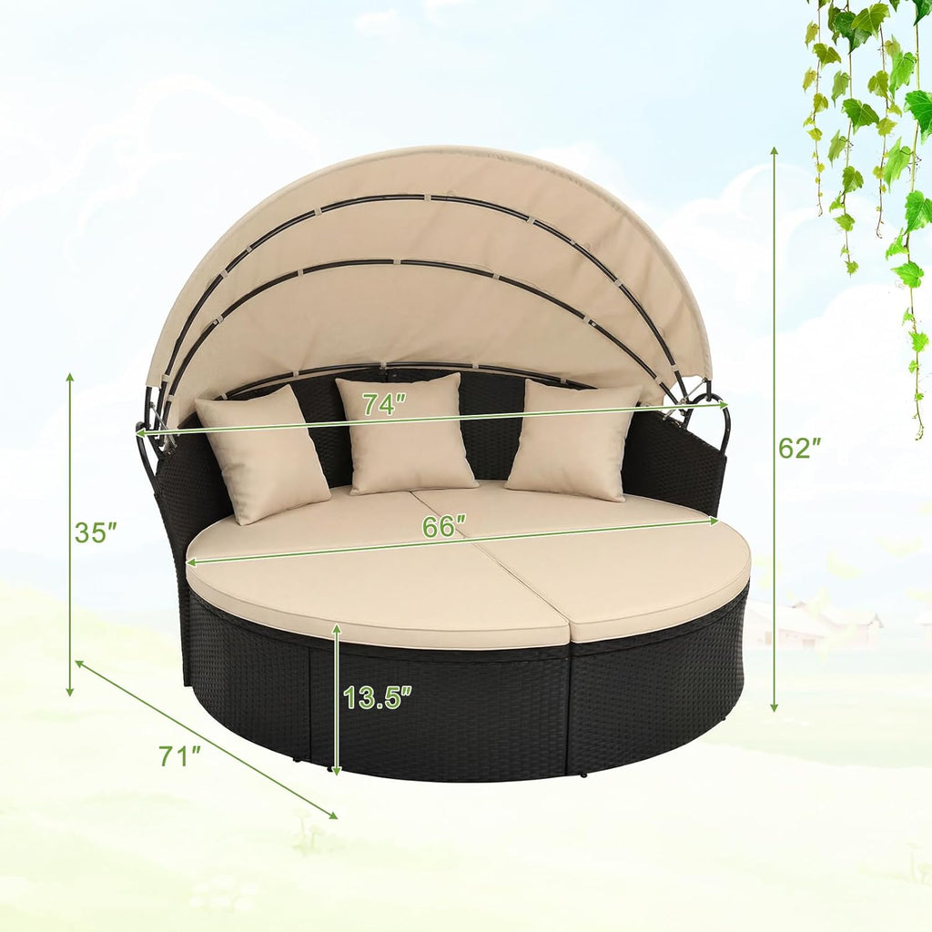 Tangkula Outdoor Patio Round Daybed with Retractable Canopy, Black Rattan Wicker Furniture Sectional Seating with Cushions and Throw Pillows, Seating Separates Cushioned Seats for Backyard (Brown)