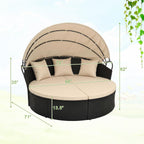 Tangkula Outdoor Patio Round Daybed with Retractable Canopy, Black Rattan Wicker Furniture Sectional Seating with Cushions and Throw Pillows, Seating Separates Cushioned Seats for Backyard (Brown)