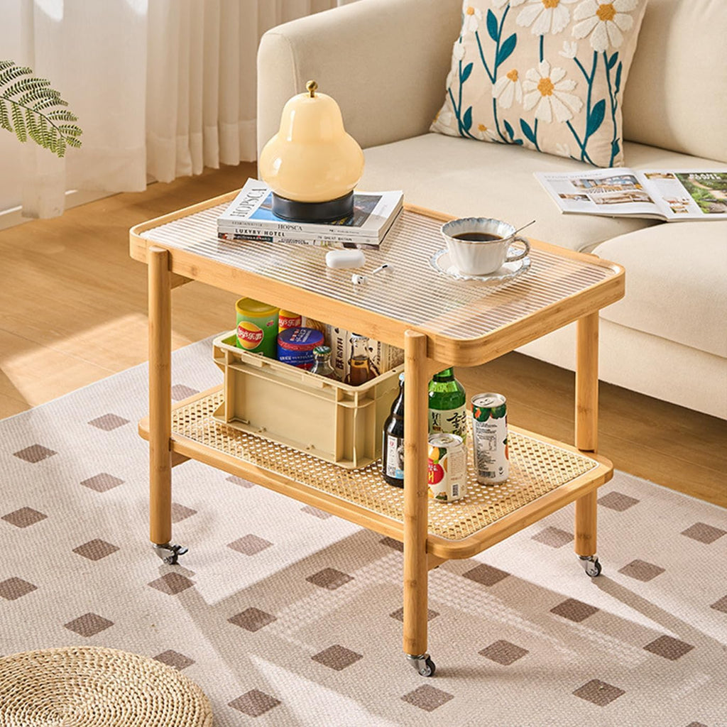 Bamboo Rattan End Table with Wheels, 2 Tier Modern Coffee Table Couch Side Table Utility Rolling Cart Glass Tabletop Snack Table for Balcony Living Room Bedroom