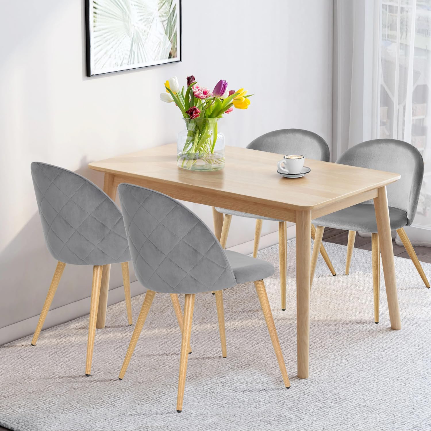 FurnitureR Dining Chairs Set of 2, Upholstered Velvet Mid Back Armless Accent Chair with Wood Legs for Home, Kitchen, Bedroom, and Living Room, Grey