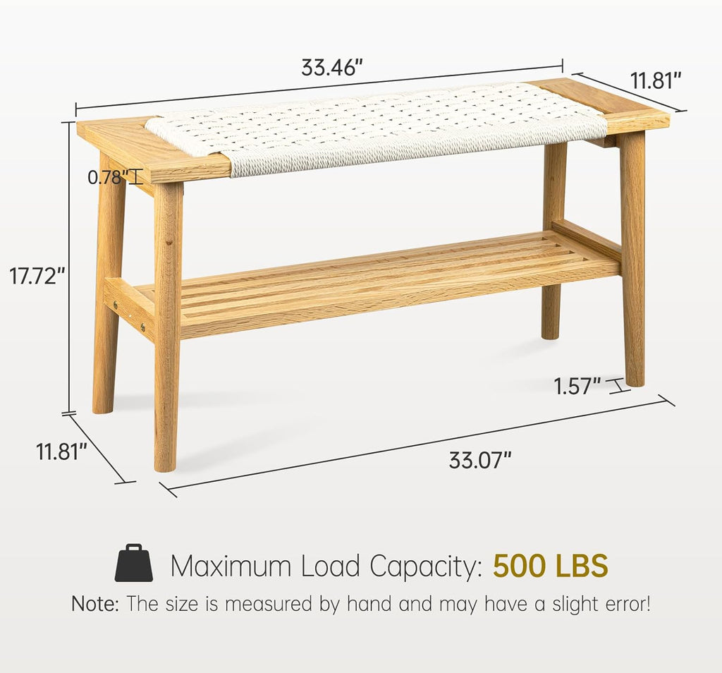 Solid Wood Narrow Bench with Storage, 33.46" Woven Bench for Entryway and Hallway, End of Bed Bench with Oak Frame, Boho Accent Bench (Natural Beige)