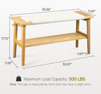 Solid Wood Narrow Bench with Storage, 33.46" Woven Bench for Entryway and Hallway, End of Bed Bench with Oak Frame, Boho Accent Bench (Natural Beige)
