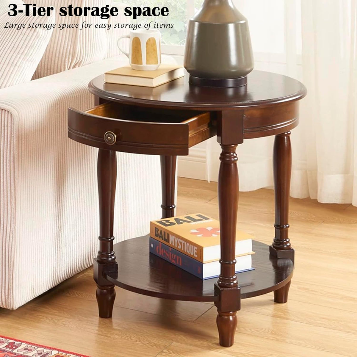 YUNMUAIR-Solid Wood End Table,Round Side Table with Drawers,Vintage Nightstand,Sofa Side Tables with Storage Shelf,Traditional Retro End Tables for Small Spaces,Living Room,Bedroom,Dark Brown