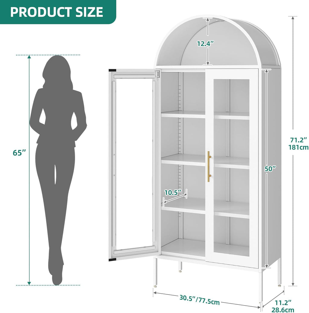 YITAHOME 71" Arched Glass Display Cabinet, Tall Metal Storage Cabinet with Adjustable Shelves and Glass Doors, White
