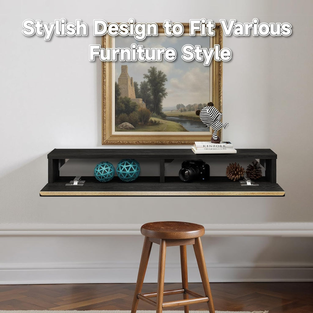 Floating Solid Wood Console Table, 32'' Wall Mounted Narrow Entryway Table with Storage Shelf, Modern Couch Shelves Small Entry Way Tables for Entryway, Front Hall, Hallway (Black)