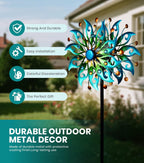 Solar Wind Spinners Outdoor – H63xW13 Metal Kinetic Garden Spinner with Crackle Glass Ball & Built-in Solar Panel – Peacock-Style Yard Wind Sculpture with LED Light