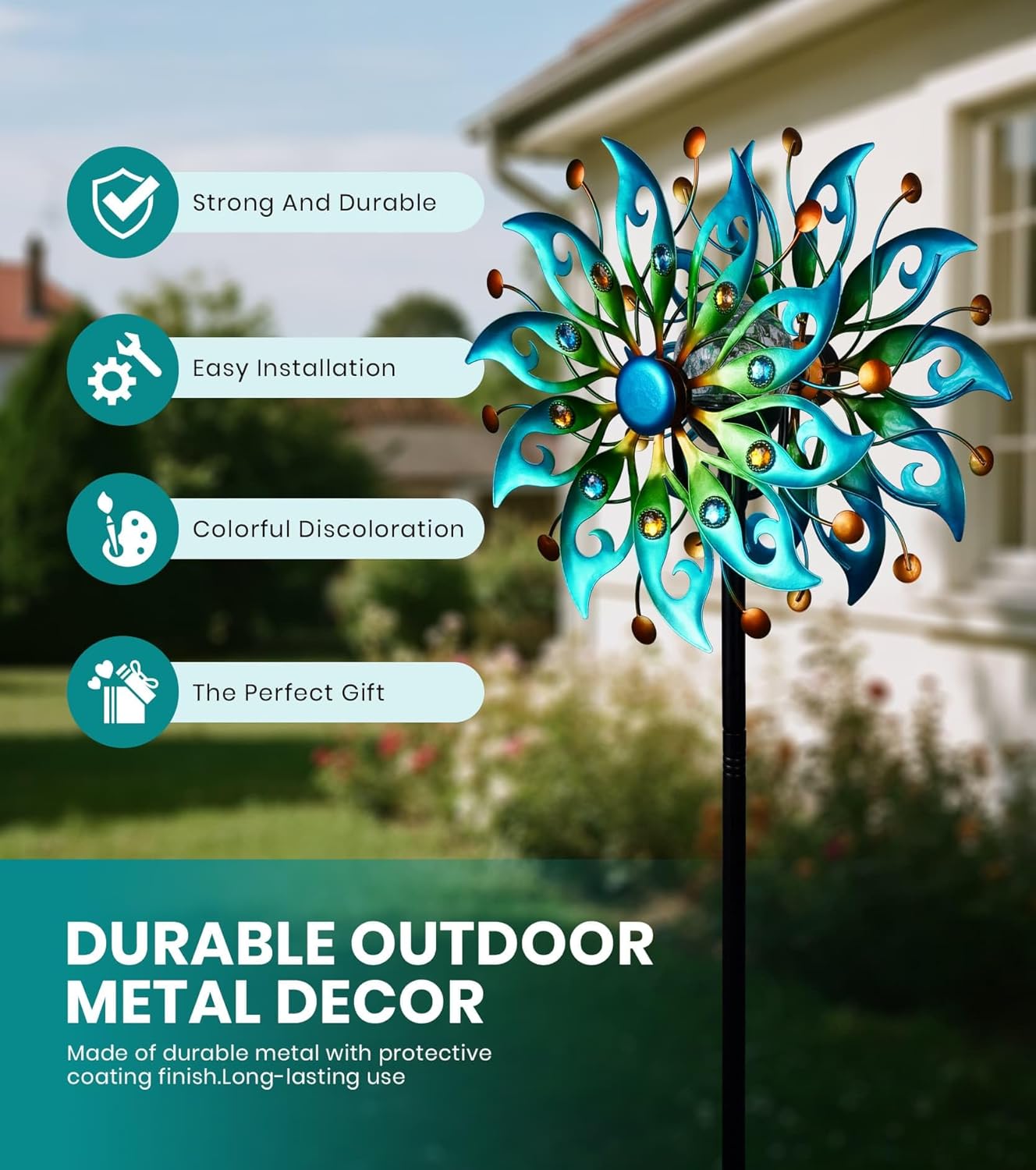 Solar Wind Spinners Outdoor – H63xW13 Metal Kinetic Garden Spinner with Crackle Glass Ball & Built-in Solar Panel – Peacock-Style Yard Wind Sculpture with LED Light