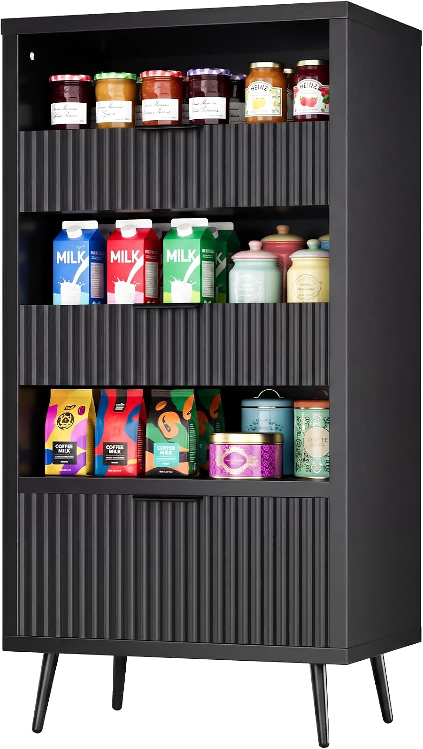 51" Tall Modern Black Storage Cabinet, Freestanding Kitchen Pantry Cabinet with 3 Drawers & Open Shelf, Buffet Sideboard Hutch, Snack Linen Cabinet for Dining Room,Bathroom, Bedroom, Office
