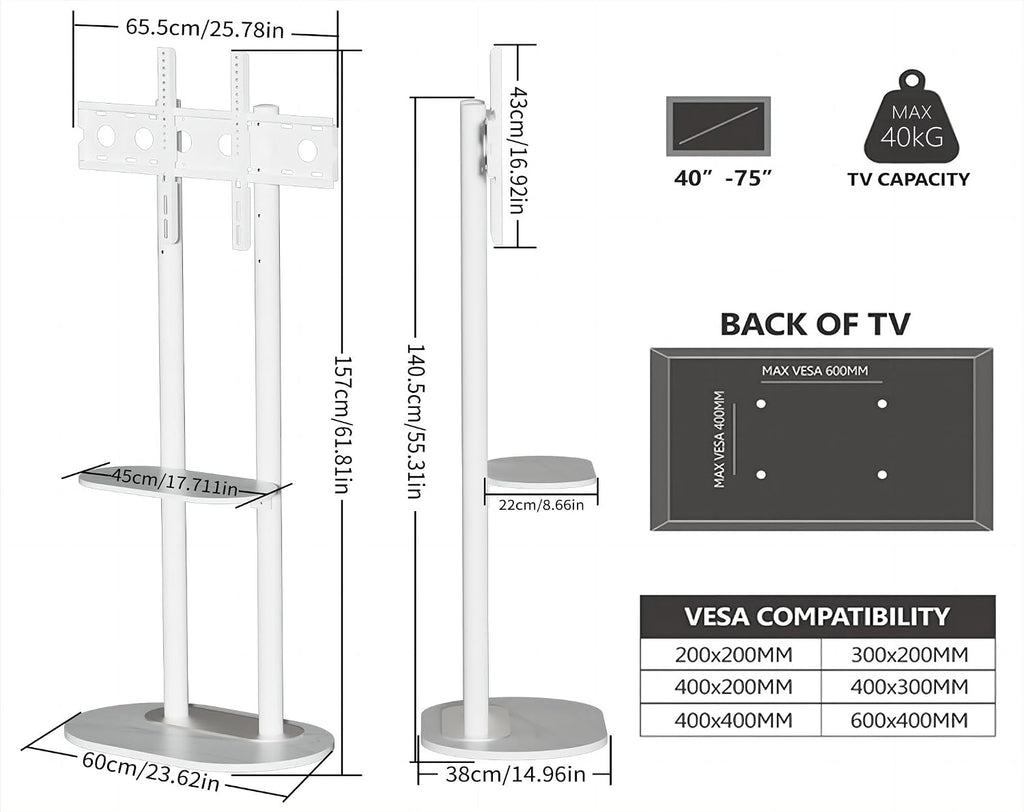 unho White Floor TV Stand with Shelf for 45-75 inch Flat LCD LED Screen TVs | Sintered Stone TV Stands Height Adjustable Heavy Base Standing TV Mount VESA 600x400 for Restroom Meeting Bedroom