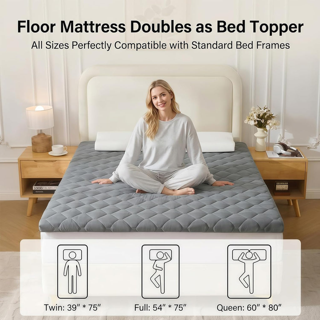 DOWNSTORIA Japanese Floor Mattress, Futon Mattress Roll Up Tatami Mat with Handle, Foldable Floor Bed Sleeping Pad for Camping, Full Size, Grey(54x75)