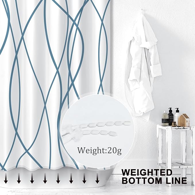 Punkray Lake Blue Shower Curtain for Bathroom with Hooks, Extra Long Shower Curtain Set Stripe Shower Curtains, Weighted Hem Water Repellent Washable, 72 x 72