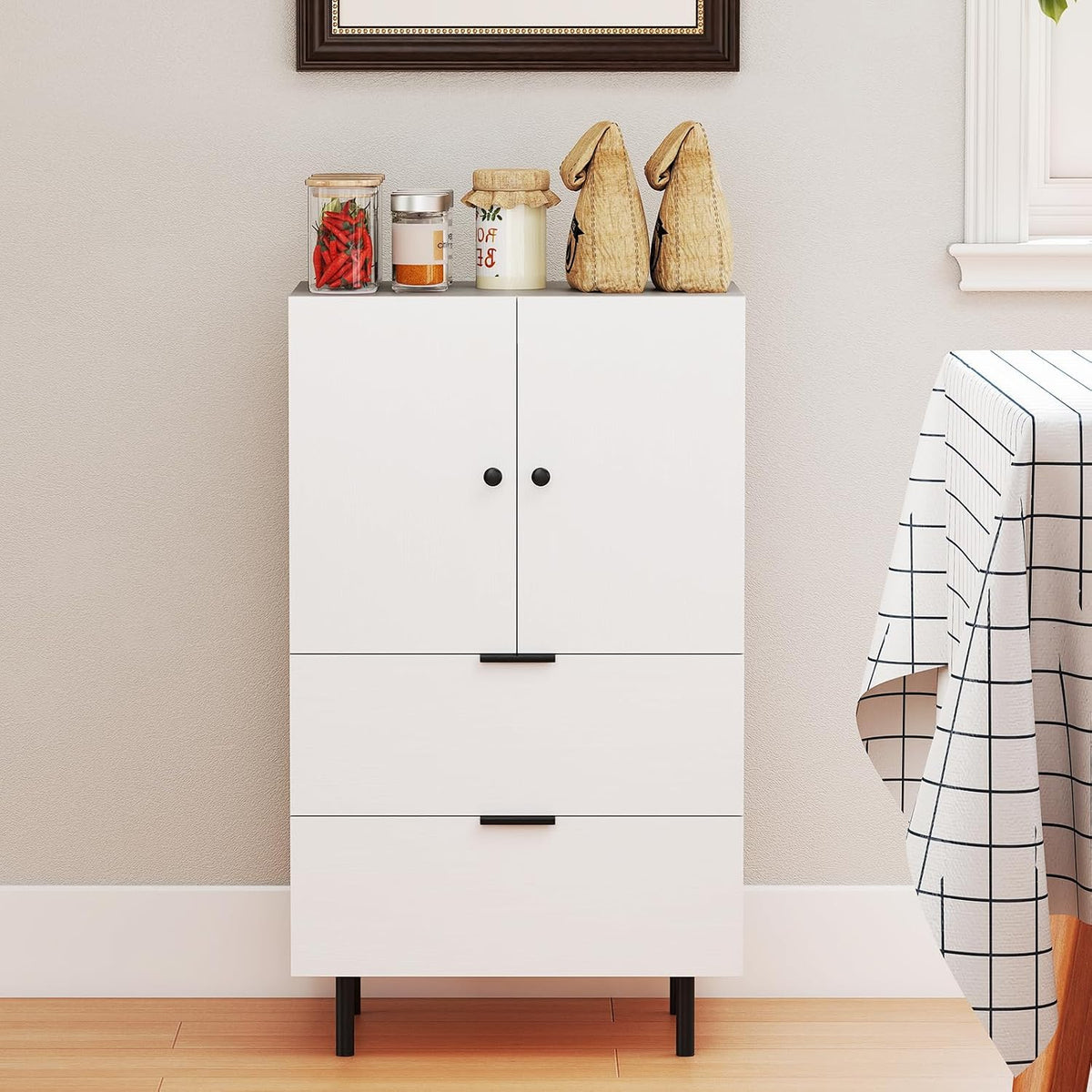 LOKO Buffet Cabinet with 2 Drawers, 2-Door Serving Cupboard with Raised Metal Legs, Modern Floor Coffee Bar Station, Buffet Table Display Cabinet for Living Room, Dining Room, Kitchen, White