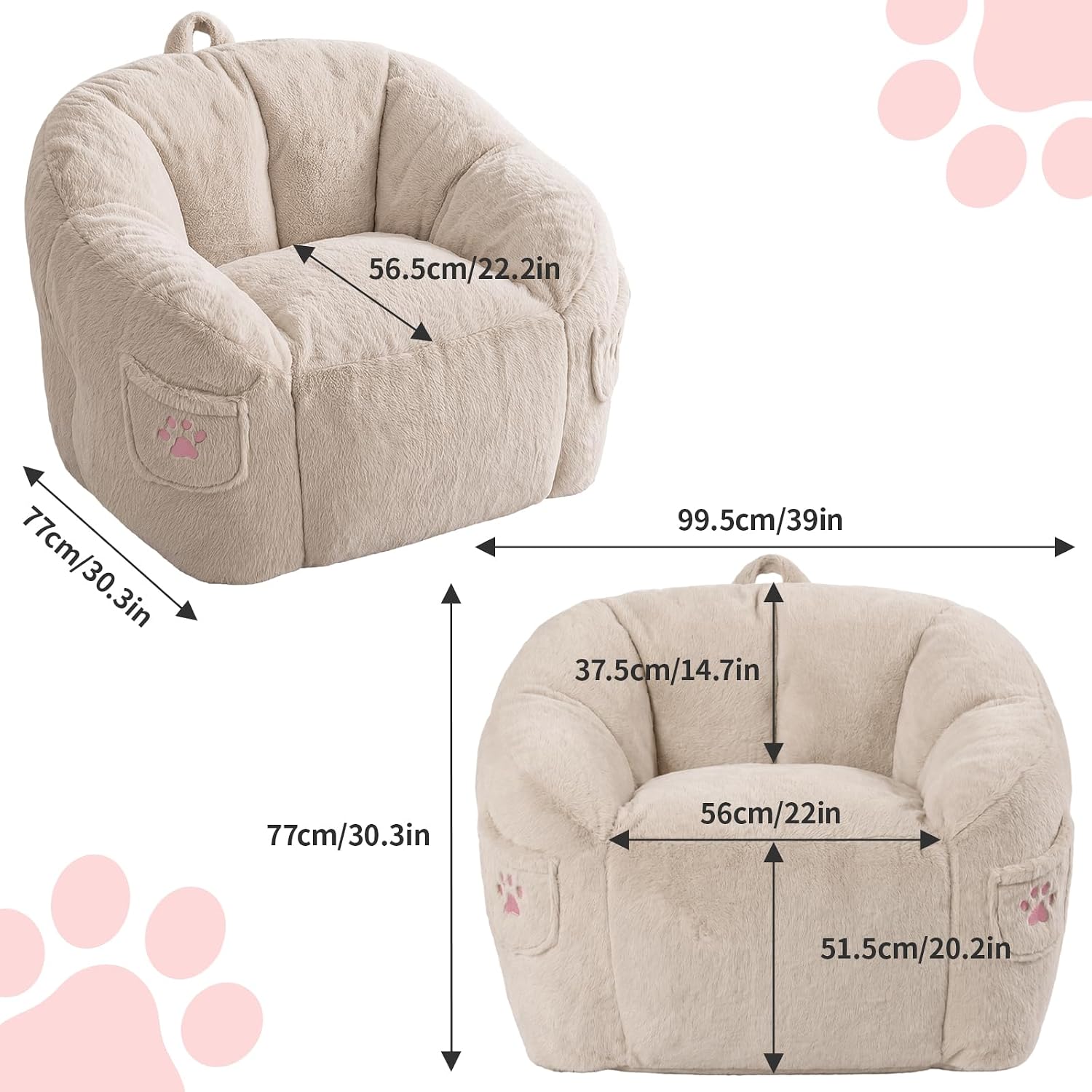 Vipbear Cat Paw Bean Bag Chair with Air-Cushion, Oversized Sofa Chair Khaki | 39", air-cushion filling, cat paw Pocket, carry handle, oversized firm support, ergonomic, plush faux fur, gaming, reading