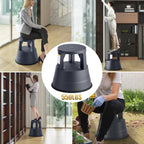 Rolling Step Stool with Wheels, 550lbs Capacity, Non-Slip Platform & Retractable Casters, Round Kick Stool for Library, Kitchen, Office, Garage, Portable for Adults/Seniors (Black)