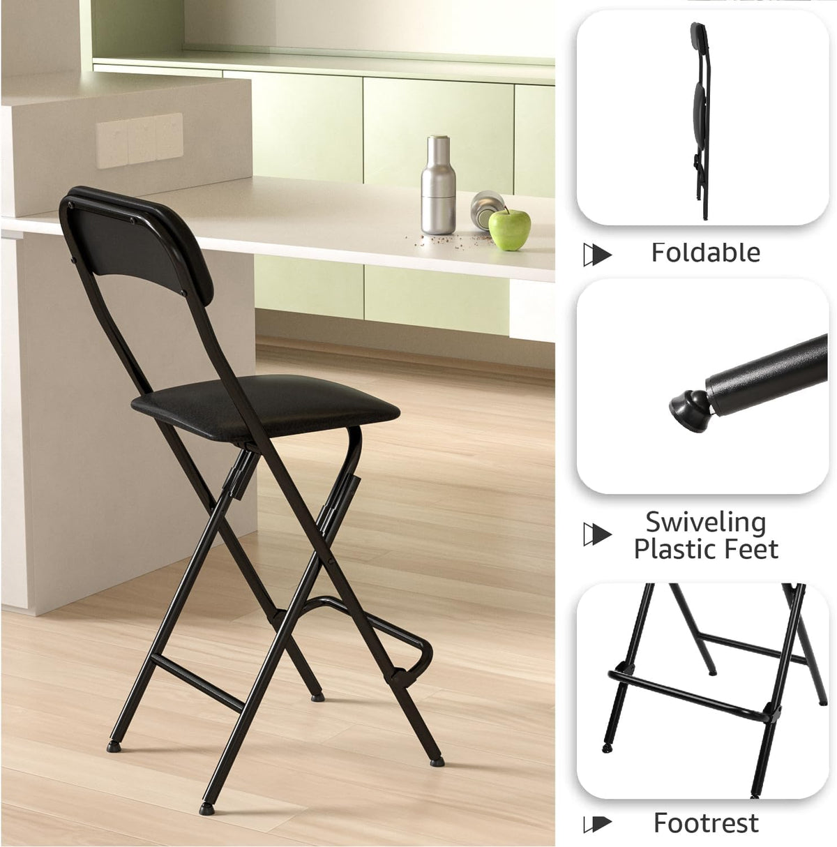 Folding Bar Stool with Back, 300lb Capacity, Collapsible Stool for Kitchen Bar, Height 25"- 2PC