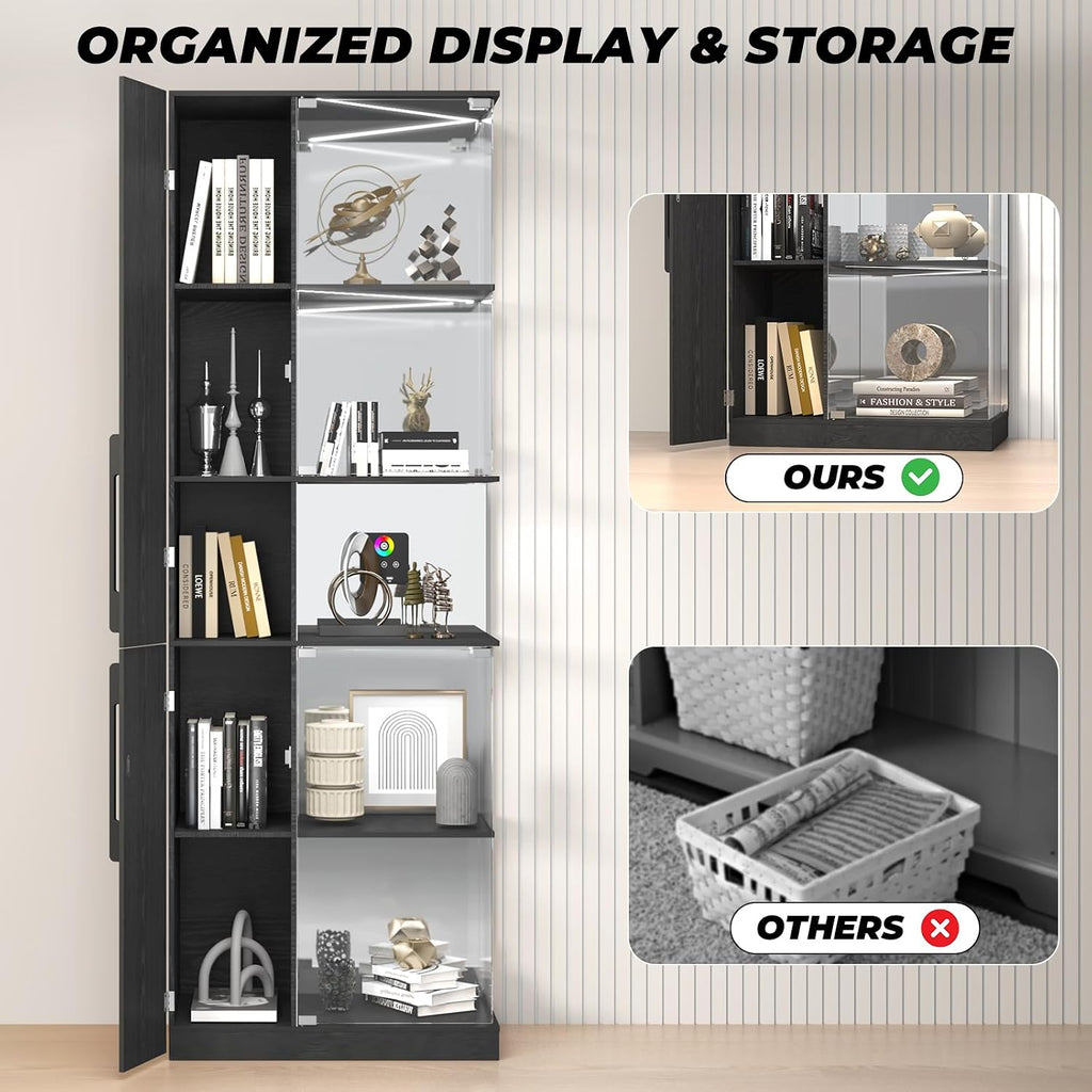 VersionTECH. Glass Display Cabinet with RGB Lights, 5-Tier Curio Cabinets with Glass Doors for Collectibles, Display Case with Adjustable Shelves, Human Sensor, Charging Station, Mirror Backing, Black