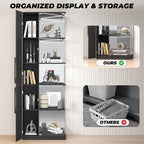 VersionTECH. Glass Display Cabinet with RGB Lights, 5-Tier Curio Cabinets with Glass Doors for Collectibles, Display Case with Adjustable Shelves, Human Sensor, Charging Station, Mirror Backing, Black