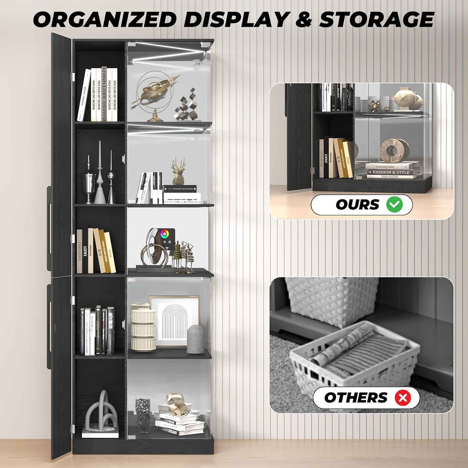 VersionTECH. Glass Display Cabinet with RGB Lights, 5-Tier Curio Cabinets with Glass Doors for Collectibles, Display Case with Adjustable Shelves, Human Sensor, Charging Station, Mirror Backing, Black