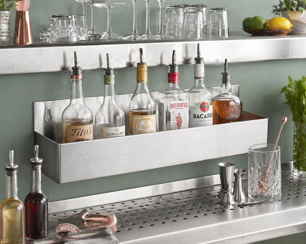 Stainless Steel Single Tier Speed Rail, 24 Inches, Silver, 21 Gauge, Bar Bottle Storage