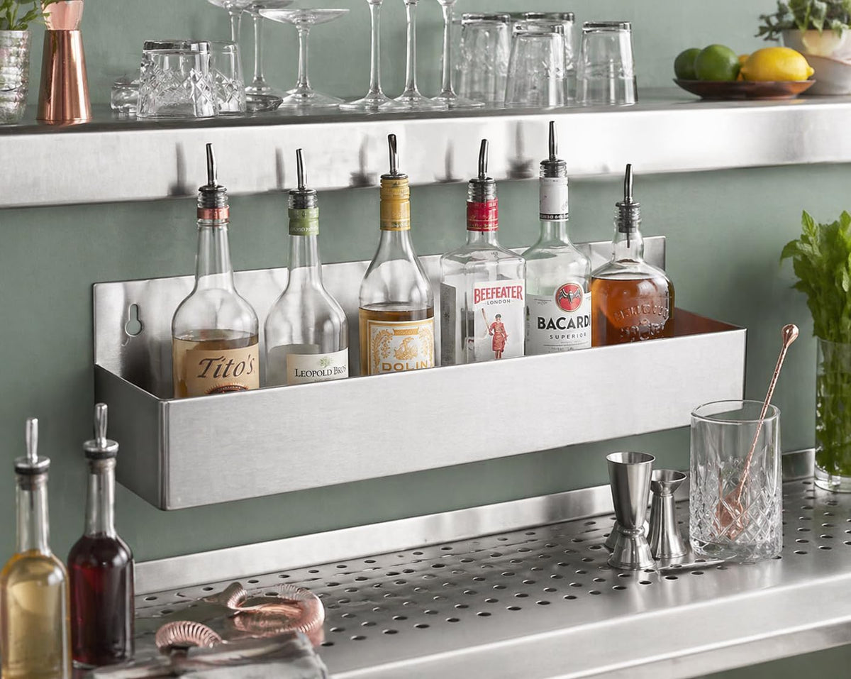 Stainless Steel Single Tier Speed Rail, 24 Inches, Silver, 21 Gauge, Bar Bottle Storage