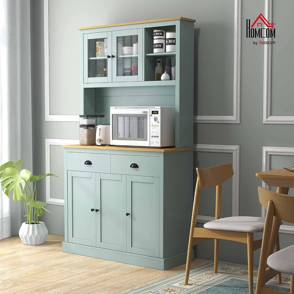 HOMCOM Kitchen Pantry Storage Cabinet with Microwave Stand, 71" Modern Kitchen Hutch with Open Countertop, Glass Doors, Storage Drawers and Adjustable Shelves for Dining Room, Coffee Bar, Light Green