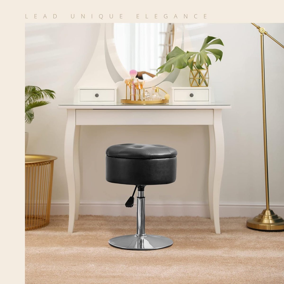 LUE BONA 360°Swivel Vanity Stool Chair for Makeup Room, Height Adjustable Stool for Vanity with Storage, Small Black Faux Leather for Bathroom, Living Room